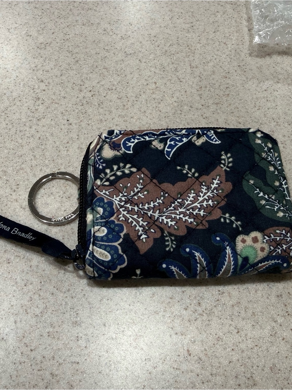 Vera Bradley Navy Floral Quilted Key Wallet with Brown and Green Accents